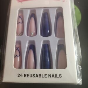 Blue French Press-On Nails | Heart & Rhinestone Accents | Medium Length | 24